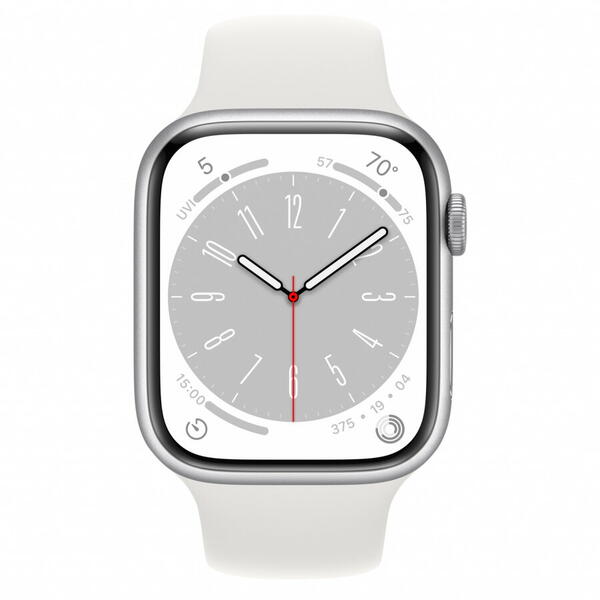 Apple Watch 8, GPS, Carcasa Silver Aluminium 45mm, White Sport Band