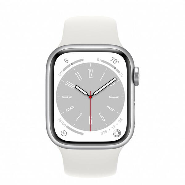 Apple Watch 8, GPS, Carcasa Silver Aluminium 41mm, White Sport Band