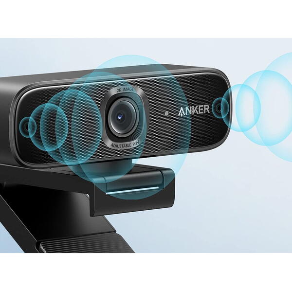 Camera Web Anker PowerConf C302 Smart FullHD, 2K, Autofocus, Noise-Cancelling, HDR, 30fps, Streaming, Corectie Low-Light, Negru