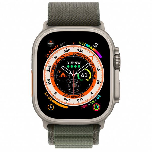 Apple Watch Ultra Cellular, 49mm Titanium Case with Green Alpine Loop - Medium