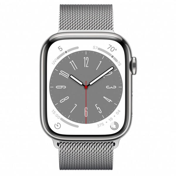 Apple Watch 8, GPS, Cellular, Carcasa Silver Stainless Steel 45mm, Silver Milanese Loop