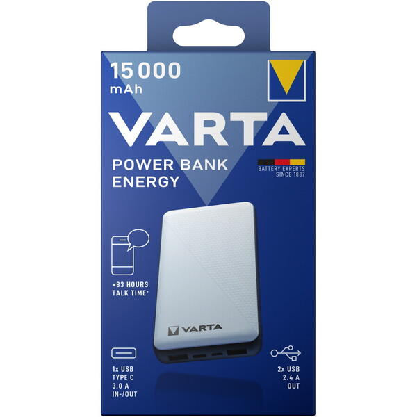 Baterie Externa Powerbank Varta Energy, 15000 mA, Standard Charge (5V), Gri