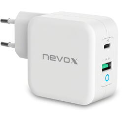 Incarcator Retea USB Nevox DualPort, 1 X USB - 1 X USB Type-C, 65W, Quick Charge - Power Delivery, Alb
