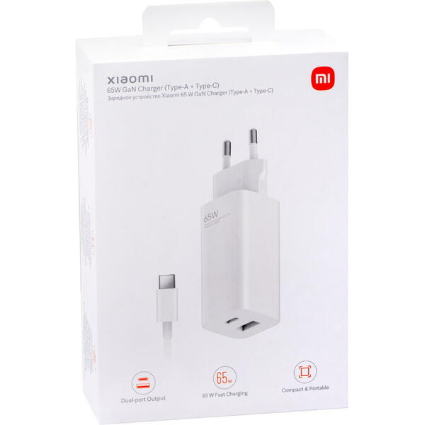 Incarcator Retea cu cablu USB Type-C Xiaomi, 65W, GaN Tech, 1 X USB - 1 X USB Type-C, Alb BHR5515GL