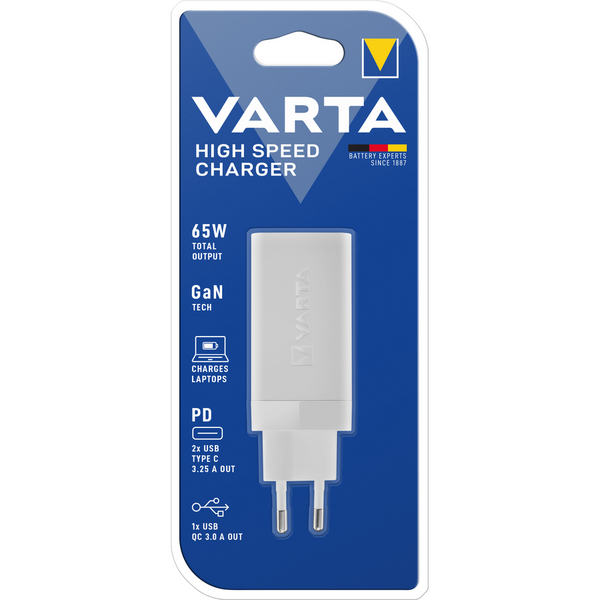 Incarcator Retea USB Varta GaN, Quick Charge, 65W, 1 X USB - 2 X USB Type-C, Alb
