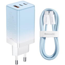 Incarcator Retea cu cablu Baseus GaN, Quick Charge, 65W, 1 X USB - 2 x USB Type-C, Bleu CCGP050103