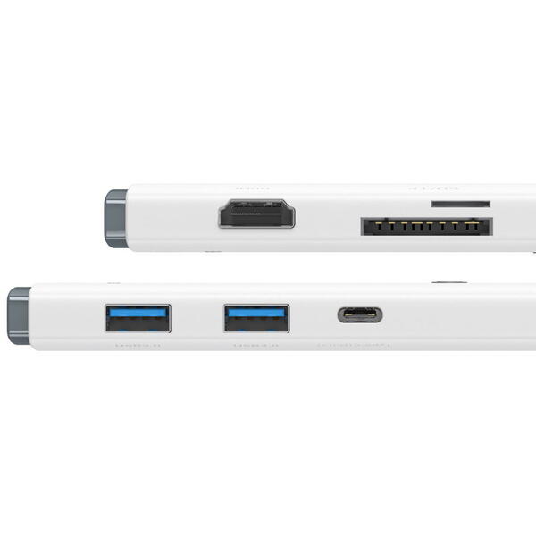 Hub USB Type-C Baseus Lite, USB 3.0 x 2 - USB Type C x 1 - HDMI x 1 (4K/30Hz)- SD - microSD, Alb WKQX050102