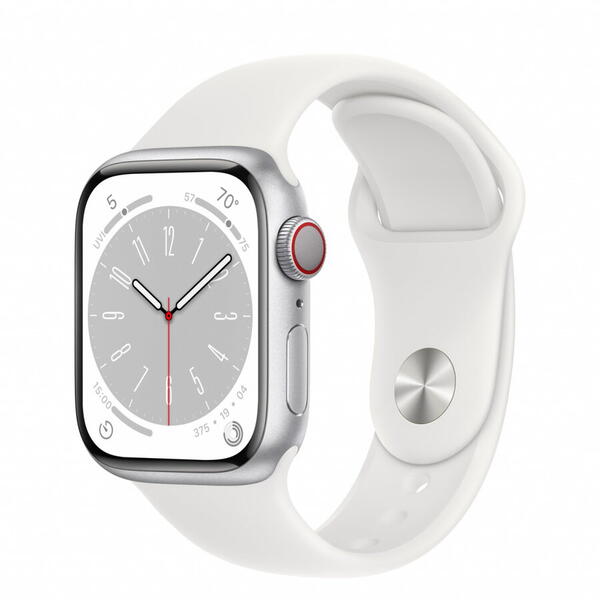 Apple Watch 8, GPS, Cellular, Carcasa Silver Aluminium 41mm, White Sport Band