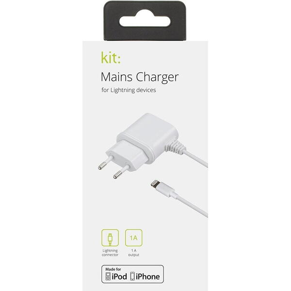 Kit Incarcator retea compact - Apple Lightning, 1 A, MFI, cablu incarcare fix, Alb