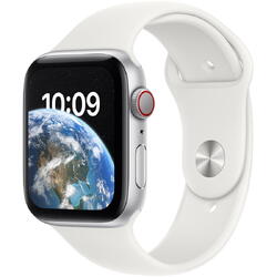Apple Watch SE 2 (2022), GPS, Cellular, Carcasa Silver Aluminium 44mm, White Sport Band