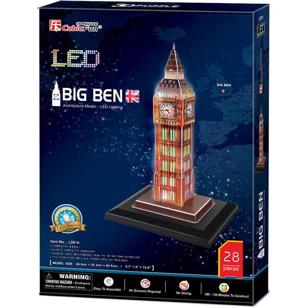 Puzzle 3D Cubic Fun LED - Big Ben, 28 piese