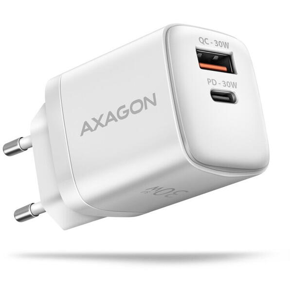 Incarcator retea AXAGON ACU-PQ30W, PD 3.0, QC 4+, 1x USB-C, 1x USB-A, 30 W, Alb