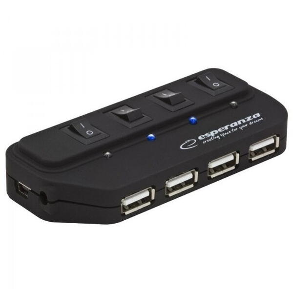 Hub Esperanza EA127 4 porturi USB cu LED-uri si intrerupatoare de putere