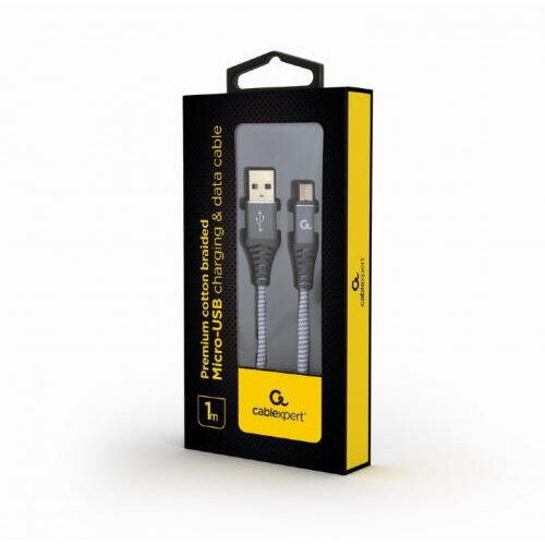 Cablu de date Gembird Premium cotton braided, USB 2.0 - micro USB, 1m, Gri-Alb