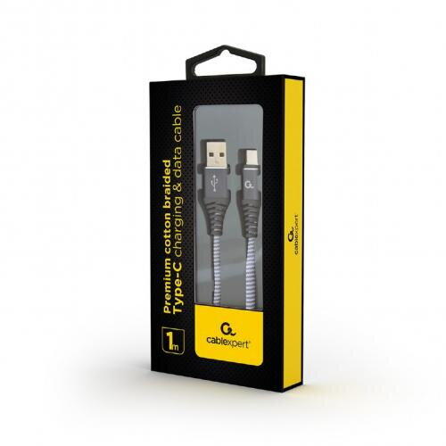 Cablu de date Gembird Premium Cotton Braided, USB 2.0 - USB-C, 1m, Gri