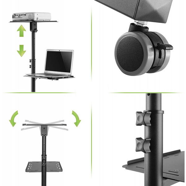 Suport pentru videoproiector cu 2 rafturi reglabile, mobil pe roti, TECHLY, Negru