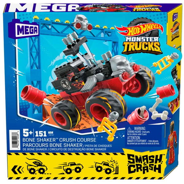 Mega Bloks Set de constructie cu rampa, Hot Wheels, Monster Truck, Smash si Crash Bone Shaker, 151 piese, HKF87