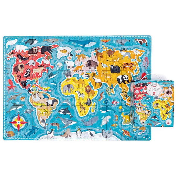 Puzzle Harta lumii cu animale, CzuCzu, 4 ani+, 60 piese, Multicolor