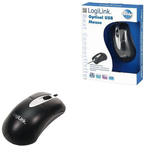 Mouse LogiLink ID0011, Optic, USB, cu fir, 800 DPI, 3 butoane, Negru