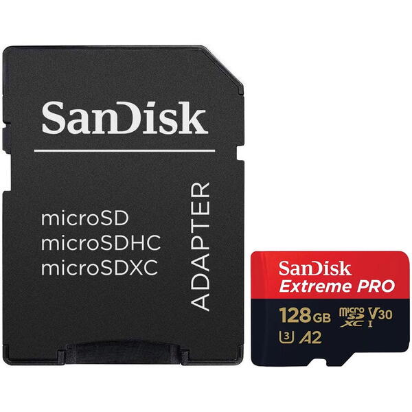 Card de memorie SanDisk Extreme PRO microSDXC 128GB,pana la 200MB/s & 90MB/s Read/Write speeds A2 C10 V30 UHS-I U3 + SD Adapter
