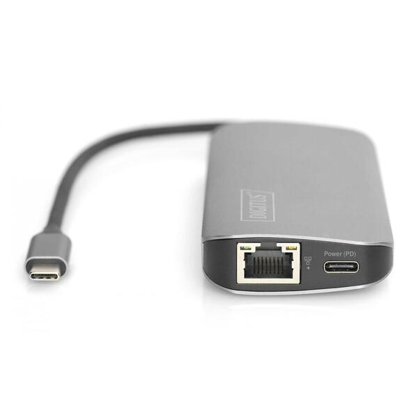 Digitus Dock USB-C cu 8 porturi, 2xUSB3.0, 1xRJ45, 2xHDMI, 1xPD, 1xMicro SD, 1xSD, gri