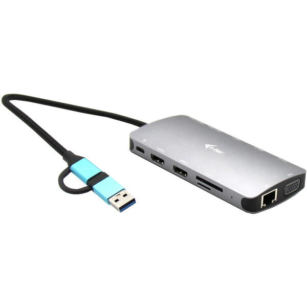 I-TEC Statie de andocare USB 3.0/USB-C/Thunderbolt 3x Display Nano Dock metalic LAN +Livrare putere 100W
