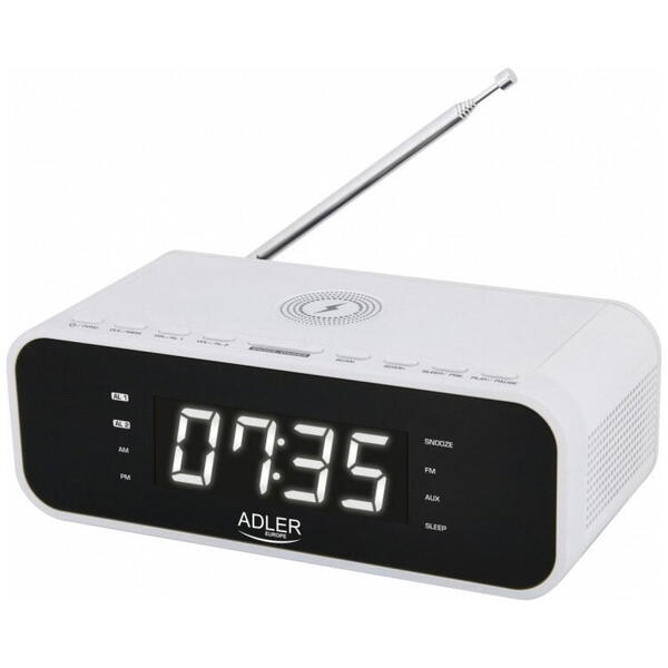 Ceas cu alarmă Adler AD1192W cu încărcător wireless, funcție de alarmă albă