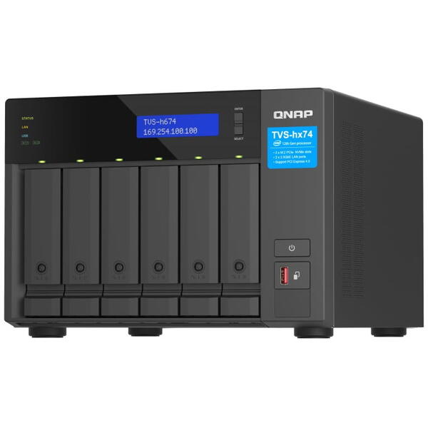 QNAP TVS-h674-i5-32G NAS Tower, 6 disk bays, Intel Core i5-12400 6-core 12-thread processor, up to 4.4GHz