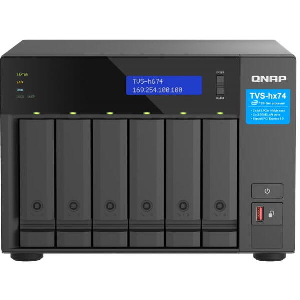QNAP TVS-h674-i5-32G NAS Tower, 6 disk bays, Intel Core i5-12400 6-core 12-thread processor, up to 4.4GHz