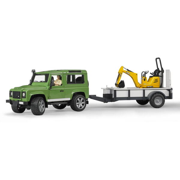 Masina Land Rover Defender cu remorca, cu micro excavator JCB, Bruder 02593