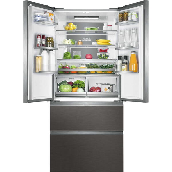 Side by side Haier HB18FGSAAA, French Door, 539 l, Total No Frost, Motor Inverter, Sistem Antibacterian, Control umiditate, Fresher Sensors, Fresher Pad, Display LED, Super Cooling, Super Freezing, Clasa E, H 190 cm, Silver Titanium
