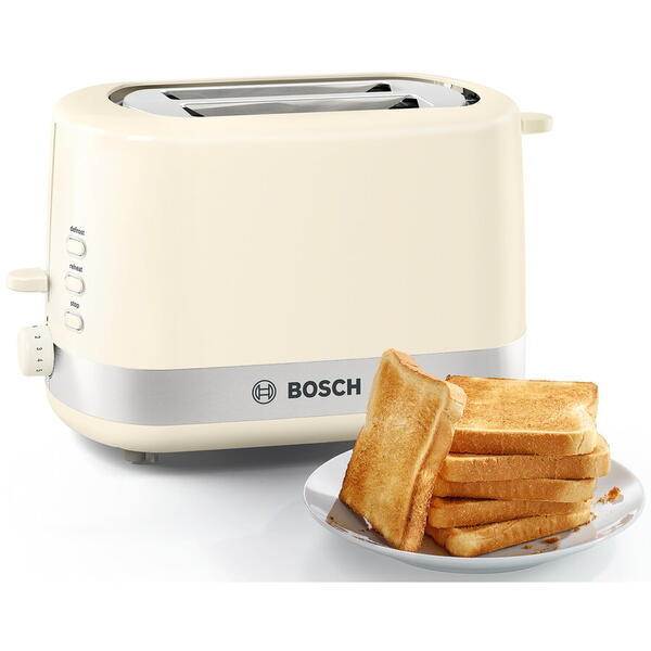 Prajitor de paine Bosch TAT7407, 2 felii, 800W, Crem/ Argintiu