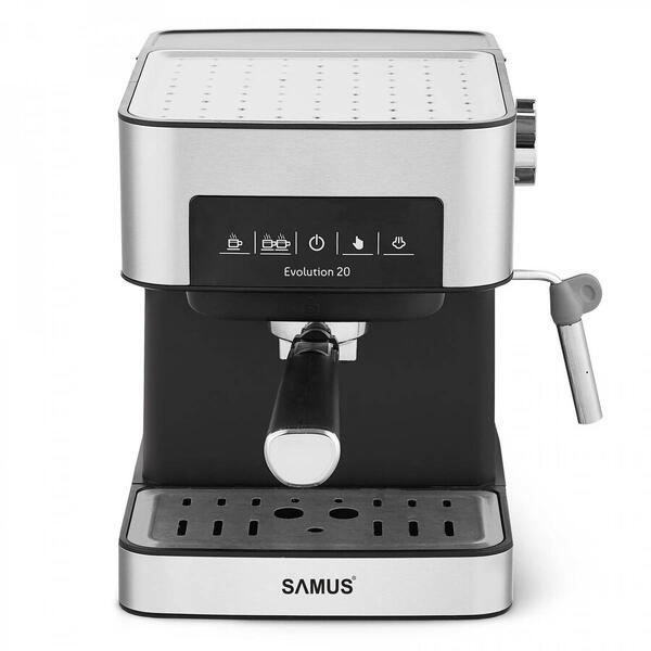 Samus Espressor cafea, putere 850 W, capacitate 1.6 litri, presiune pompa 20 bar, panou touch control, rezervor din aliaj de aluminiu, indicatoare luminoase, Argintiu/Negru