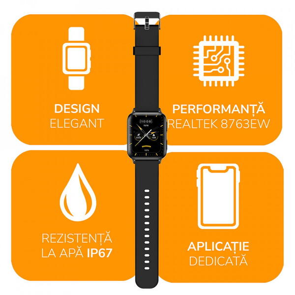 Smartwatch AMOLED E-Boda SQ - Vega Pro, Procesor Realtek, Standard IP67 protecte pentru expunere la apa, Aplicatie dedicata, Negru