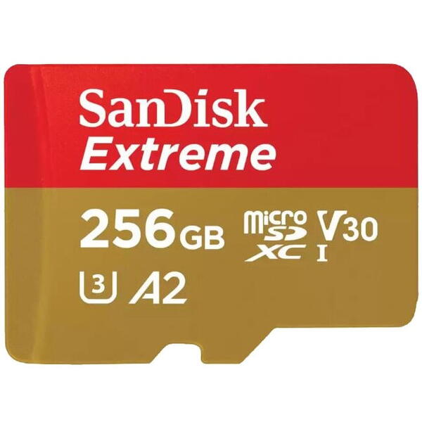 Card de memorie SanDisk Extreme microSDXC 256GB,pana la 190MB/s & 130MB/s Read/Write speeds A2 C10 V30 UHS-I U3 + SD Adapter