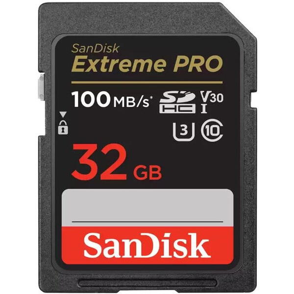 Card de memorie SanDisk Extreme PRO 32GB SDHC pana la 100MB/s & 90MB/s Read/Write speeds, UHS-I, Class 10, U3, V30
