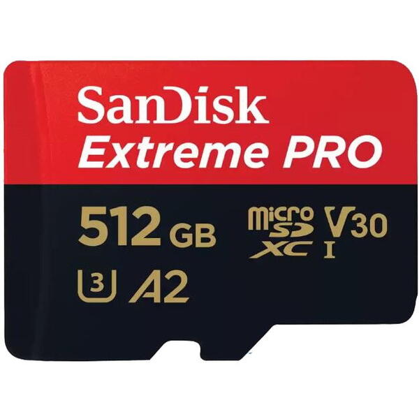 Card de memorie SanDisk Extreme PRO microSDXC 512GB, pana la 200MB/s & 140MB/s Read/Write speeds A2 C10 V30 UHS-I U3 + SD Adapter