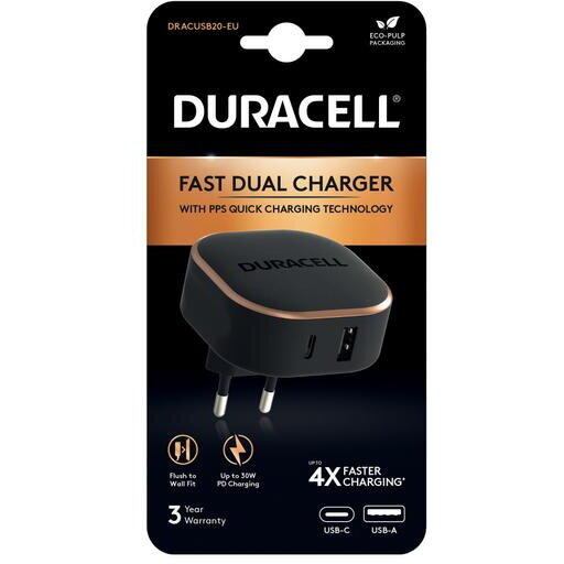 Incarator retea Duracell DRACUSB20, 30W, 1 x USB-A, 1 x USB-C, Negru