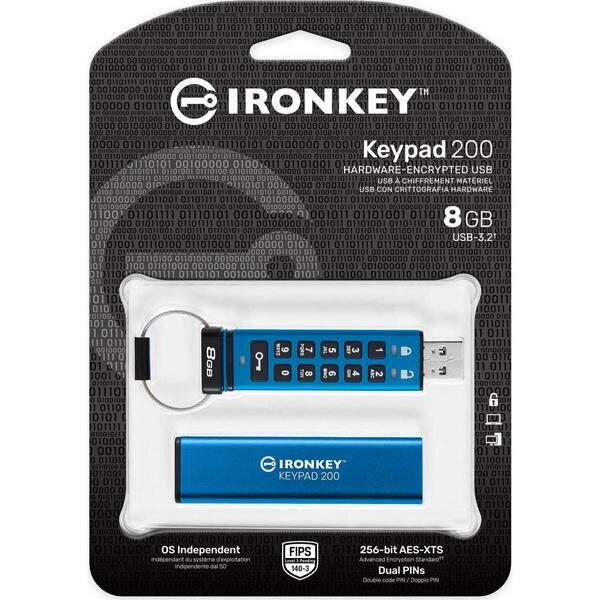 Stick USB Kingston IronKey Keypad 200 8GB USB-A 3.0, Albastru