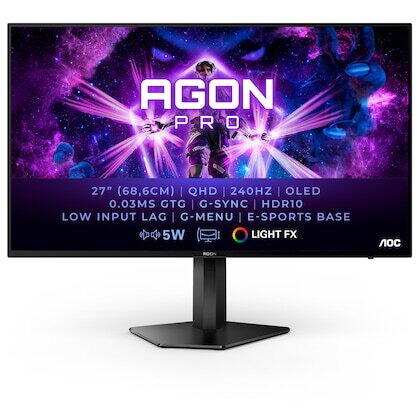 Monitor gaming AOC AGON PRO, 27" WQHD OLED, 0.03 ms 240Hz, HDMI, DP, Adaptive Sync, FreeSync, G-Sync