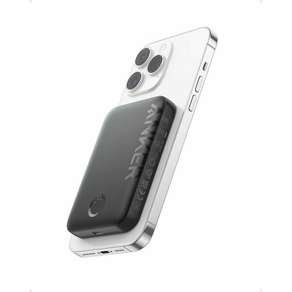 Acumulator extern Anker 321 MagGo, wireless, 5000 mAh, USB-C, pentru seria iPhone 12/13/14, Negru
