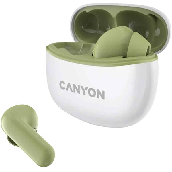 Casti True Wireless Canyon TWS-5, Bluetooth, In-Ear, Microfon, Alb/Verde