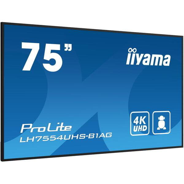 Display Profesional IPS LED iiyama 75" LH7554UHS-B1AG, Ultra HD (3840 x 2160), VGA, DVI, HDMI, DisplayPort, Boxe, Negru