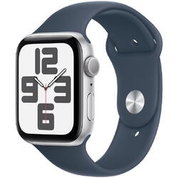 Apple Watch SE (2023), GPS, Carcasa Silver Aluminium 44mm, Storm Blue Sport Band - M/L