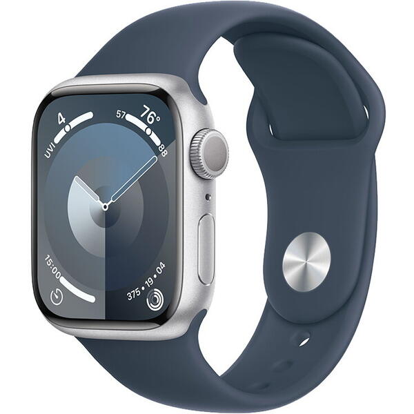 Apple Watch 9, GPS, Carcasa Silver Aluminium 41mm, Storm Blue Sport Band - M/L
