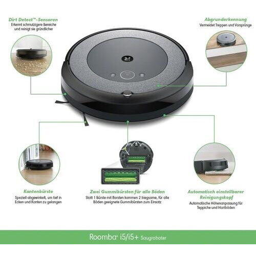 Aspirator robot iRobot Roomba i5658, evacuare automata a recipientului de praf, 0.4 l recipient, 1.7 l sac, control vocal, control din aplicatie, Negru