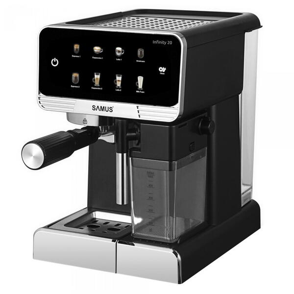 Espressor manual Samus Infinity 20, 1350 W, 7 optiuni de cafea, Rezervor lapte, Negru-Argintiu