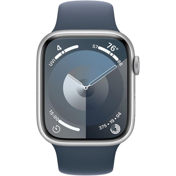 Apple Watch 9, GPS, Carcasa Silver Aluminium 45mm, Storm Blue Sport Band - M/L