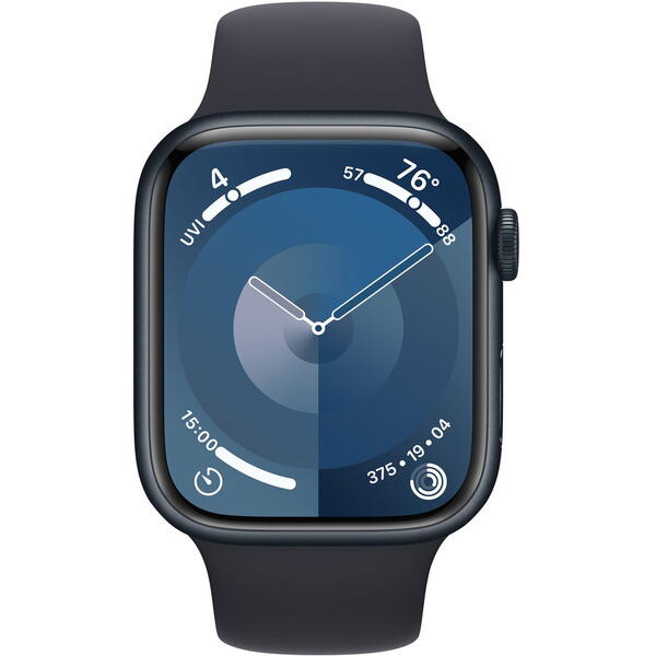 Apple Watch 9, GPS, Carcasa Midnight Aluminium 45mm, Midnight Sport Band - M/L