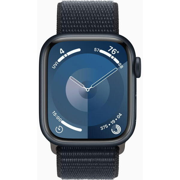 Apple Watch 9, GPS, Carcasa Midnight Aluminium 45mm, Midnight Sport Loop
